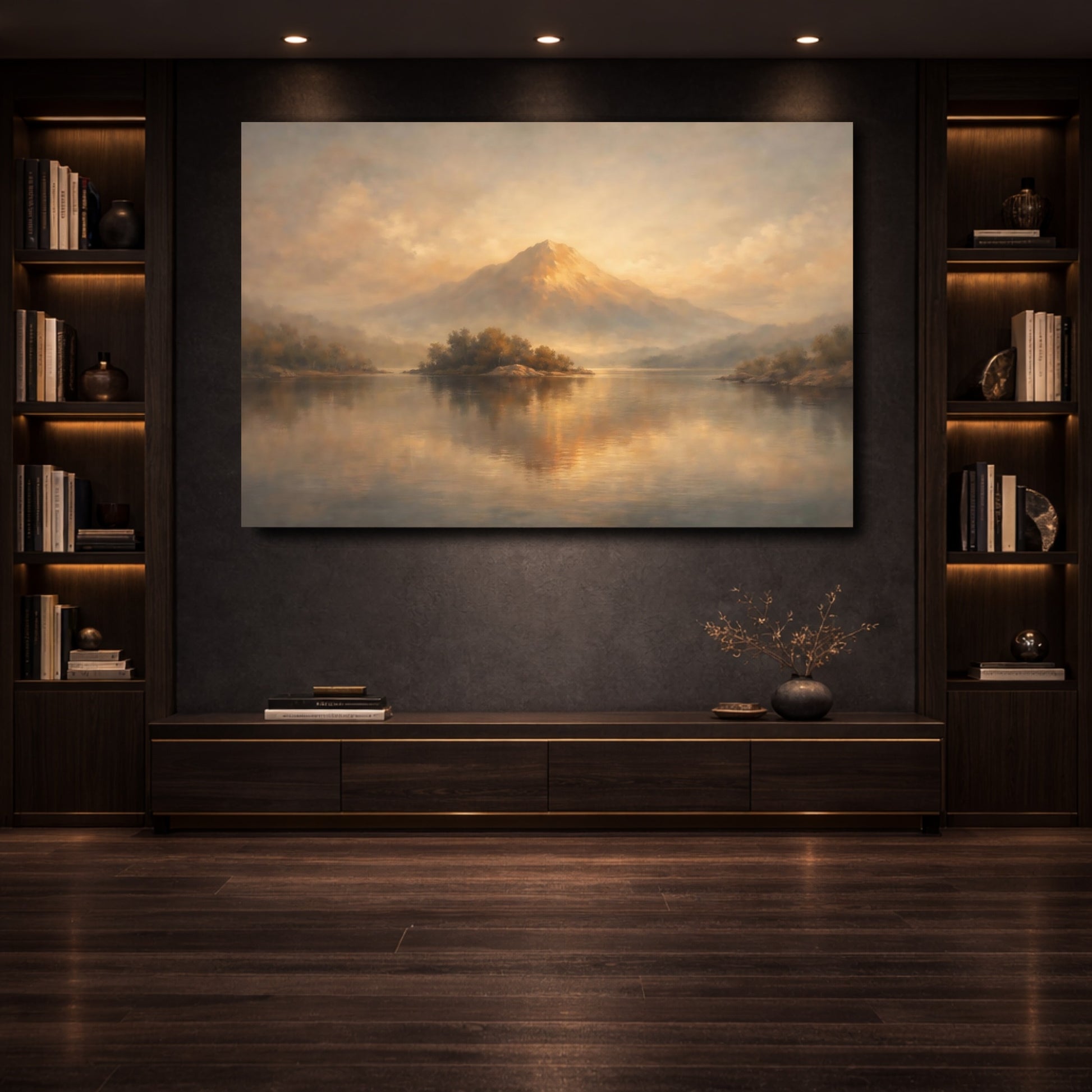 Mockup 3. Nature Mountain Lake Golden Brown Landscape shown as stretched canvas wall art