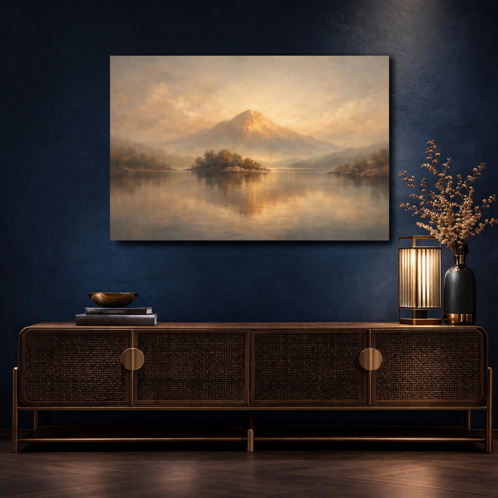Mockup 4. Nature Mountain Lake Golden Brown Landscape shown as stretched canvas wall art