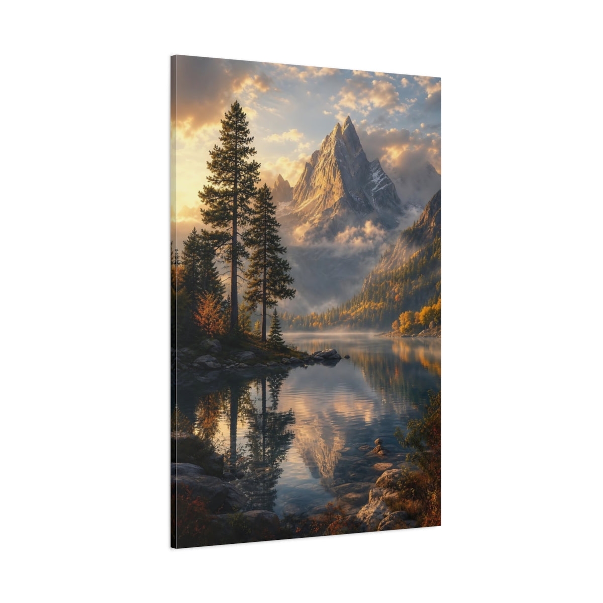Side Mockup 1. Nature Mountain Lake Golden Mountain Lake shown as stretched canvas wall art