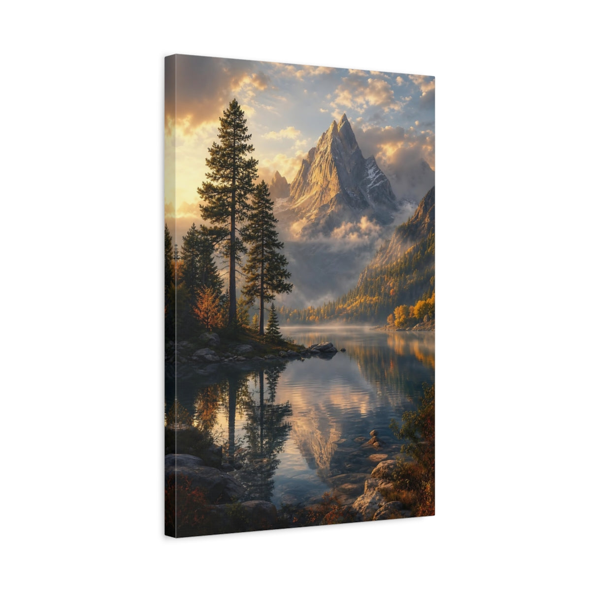 Side Mockup 3. Nature Mountain Lake Golden Mountain Lake shown as stretched canvas wall art