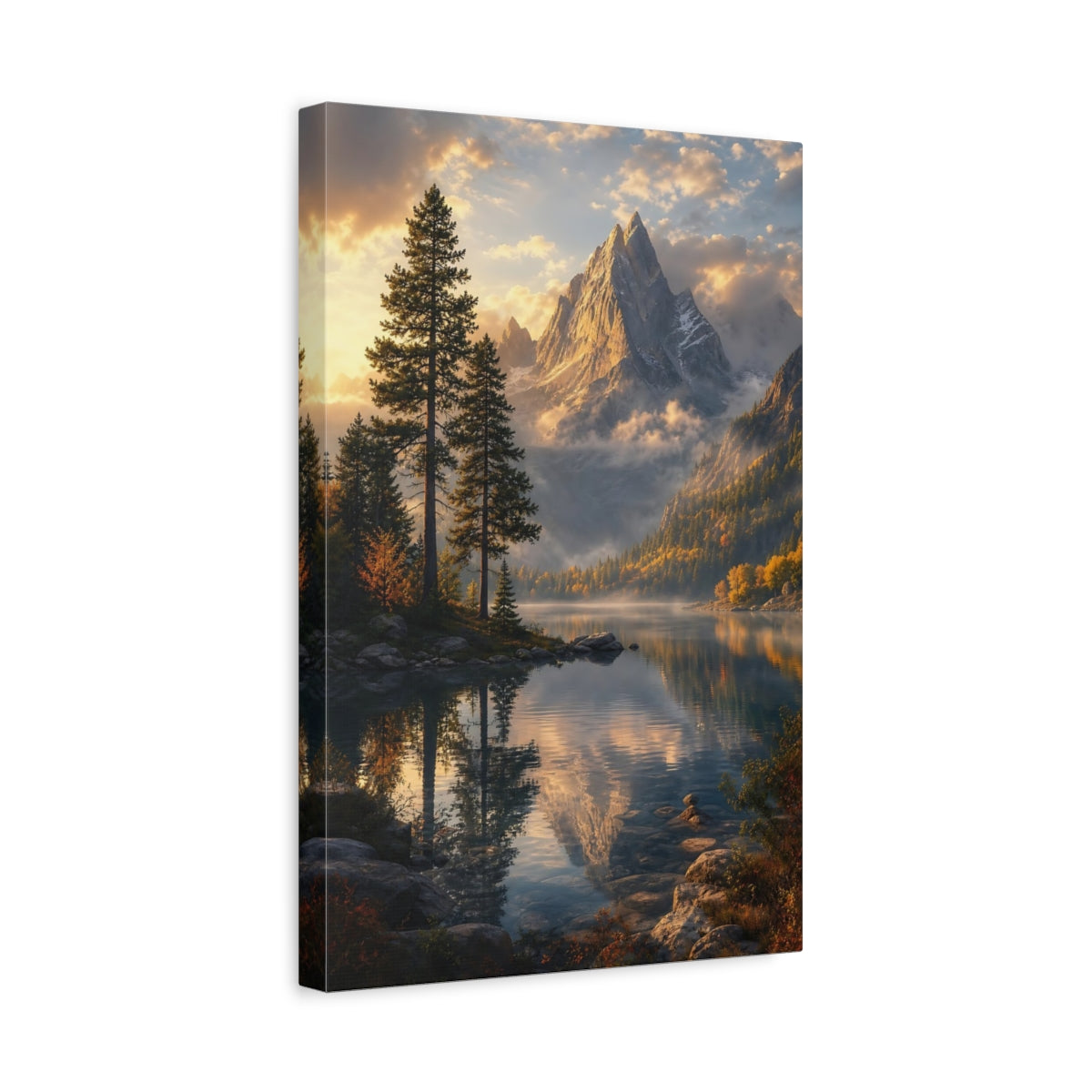 Side Mockup 4. Nature Mountain Lake Golden Mountain Lake shown as stretched canvas wall art