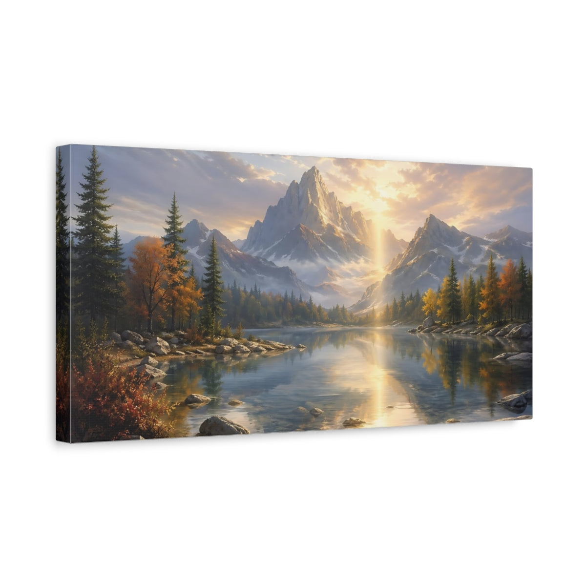 Side Mockup 3. Nature Mountain Lake Golden Mountain Lake shown as stretched canvas wall art