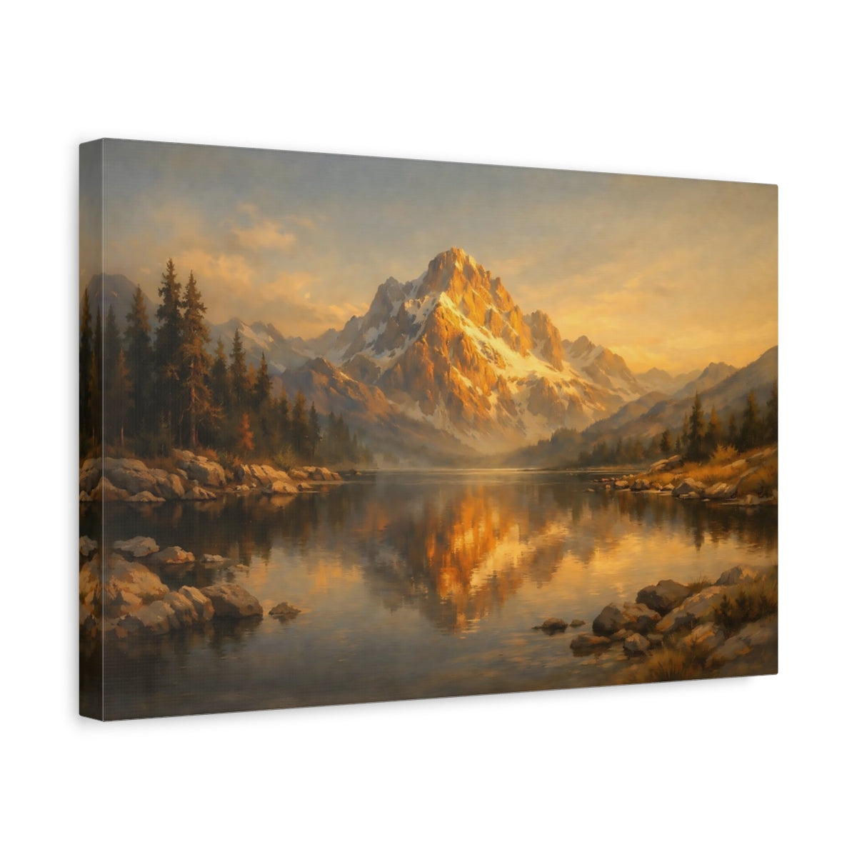 Side Mockup 4. Nature Mountain Lake Golden Mountain Lake shown as stretched canvas wall art