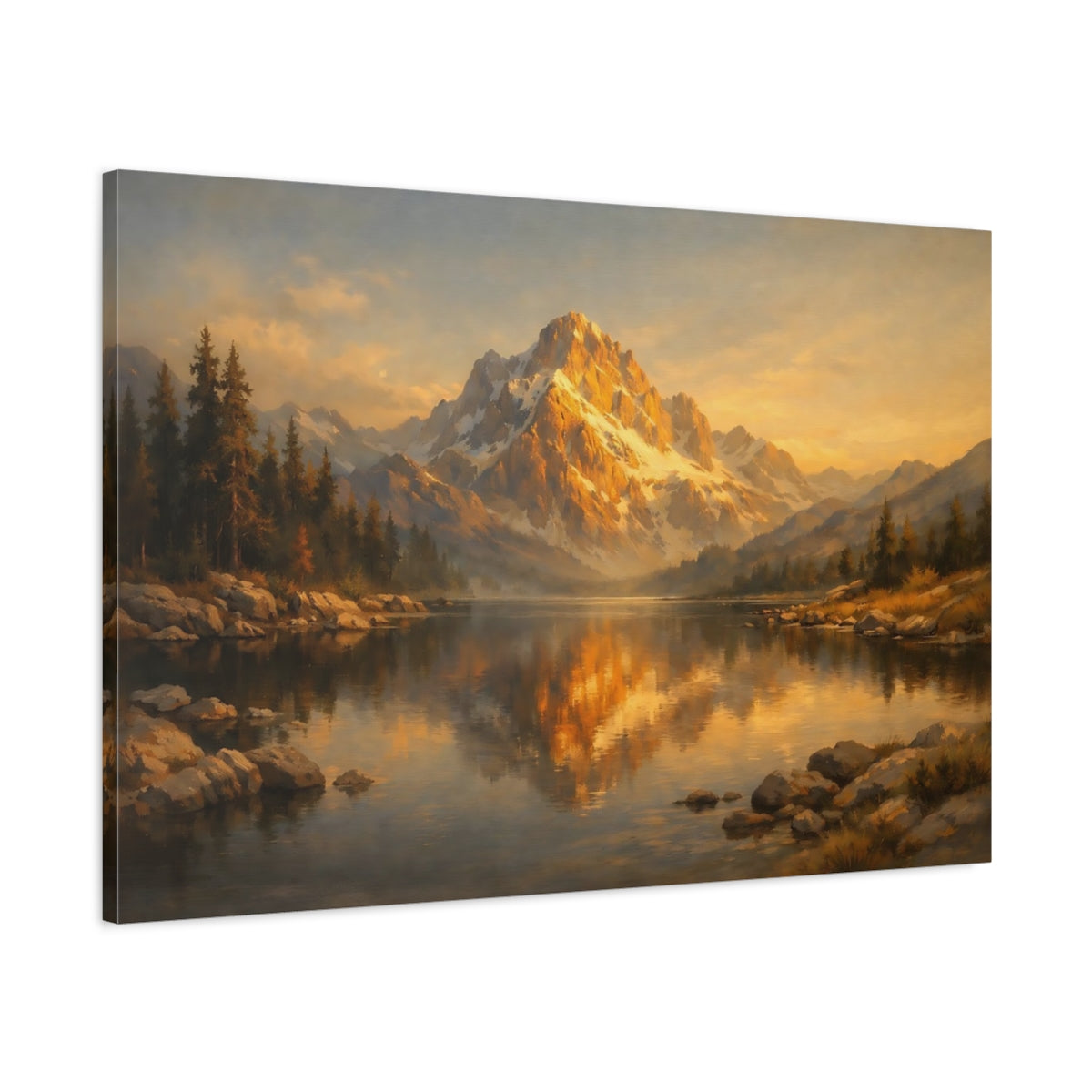Side Mockup 1. Nature Mountain Lake Golden Mountain Lake shown as stretched canvas wall art
