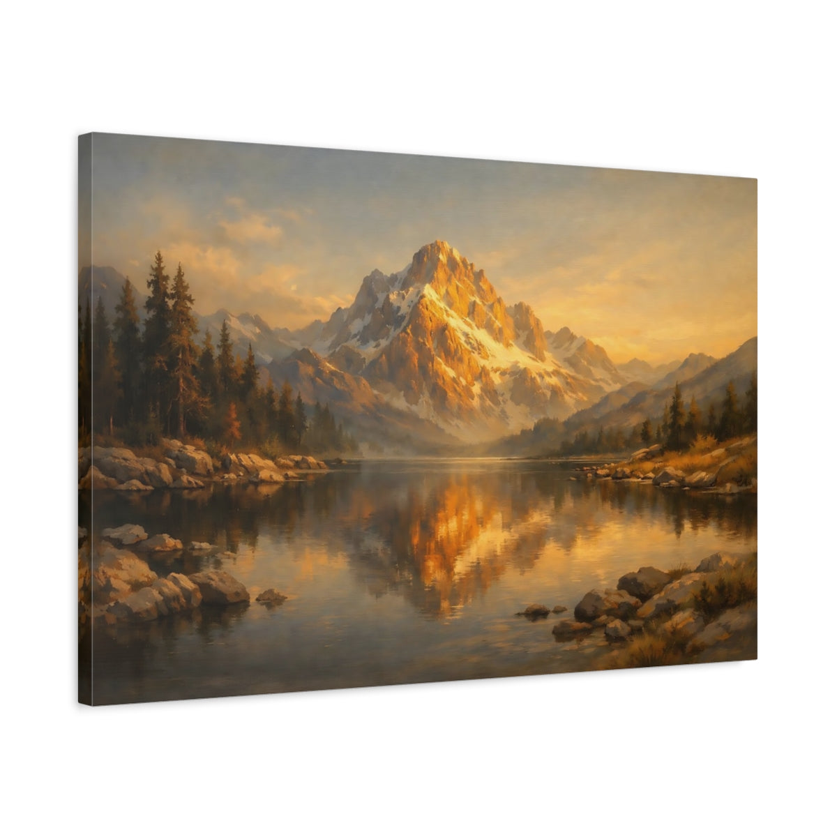 Side Mockup 2. Nature Mountain Lake Golden Mountain Lake shown as stretched canvas wall art