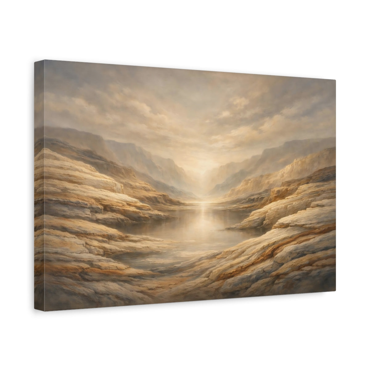 Side Mockup 4. Nature Mountain Lake Golden Canyon shown as stretched canvas wall art