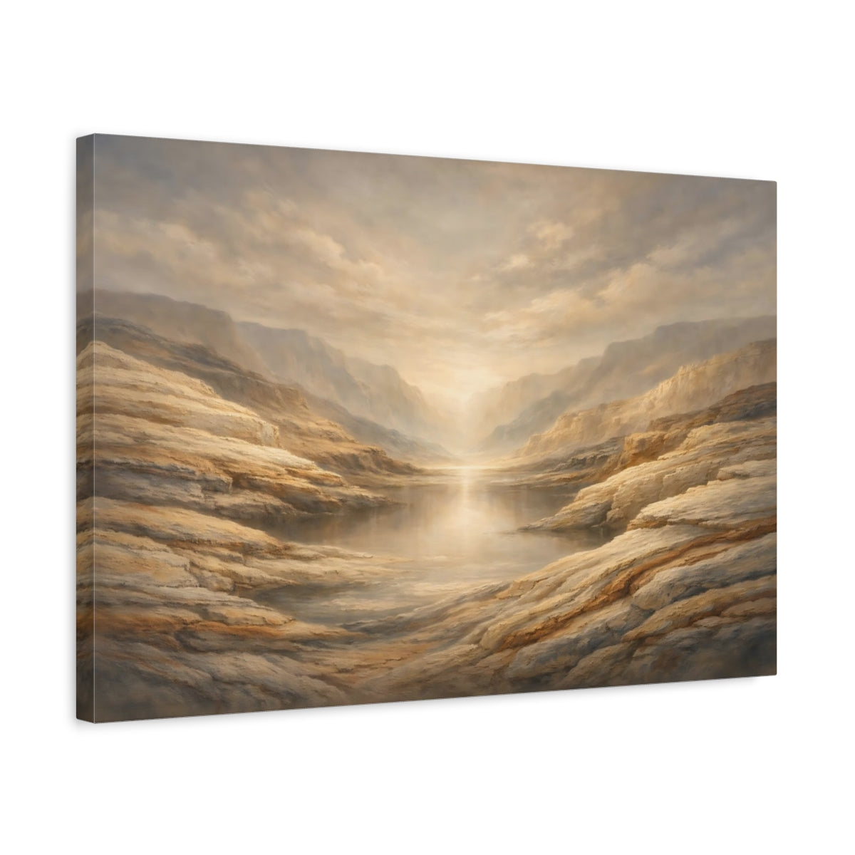 Side Mockup 3. Nature Mountain Lake Golden Canyon shown as stretched canvas wall art