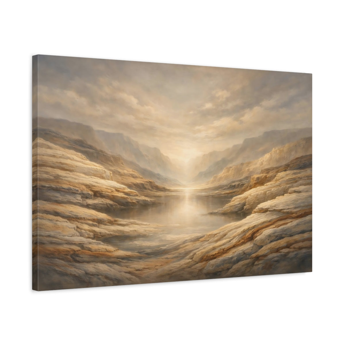 Side Mockup 2. Nature Mountain Lake Golden Canyon shown as stretched canvas wall art