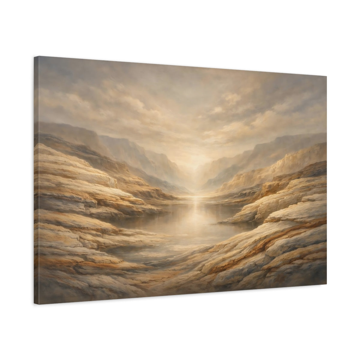 Side Mockup 1. Nature Mountain Lake Golden Canyon shown as stretched canvas wall art