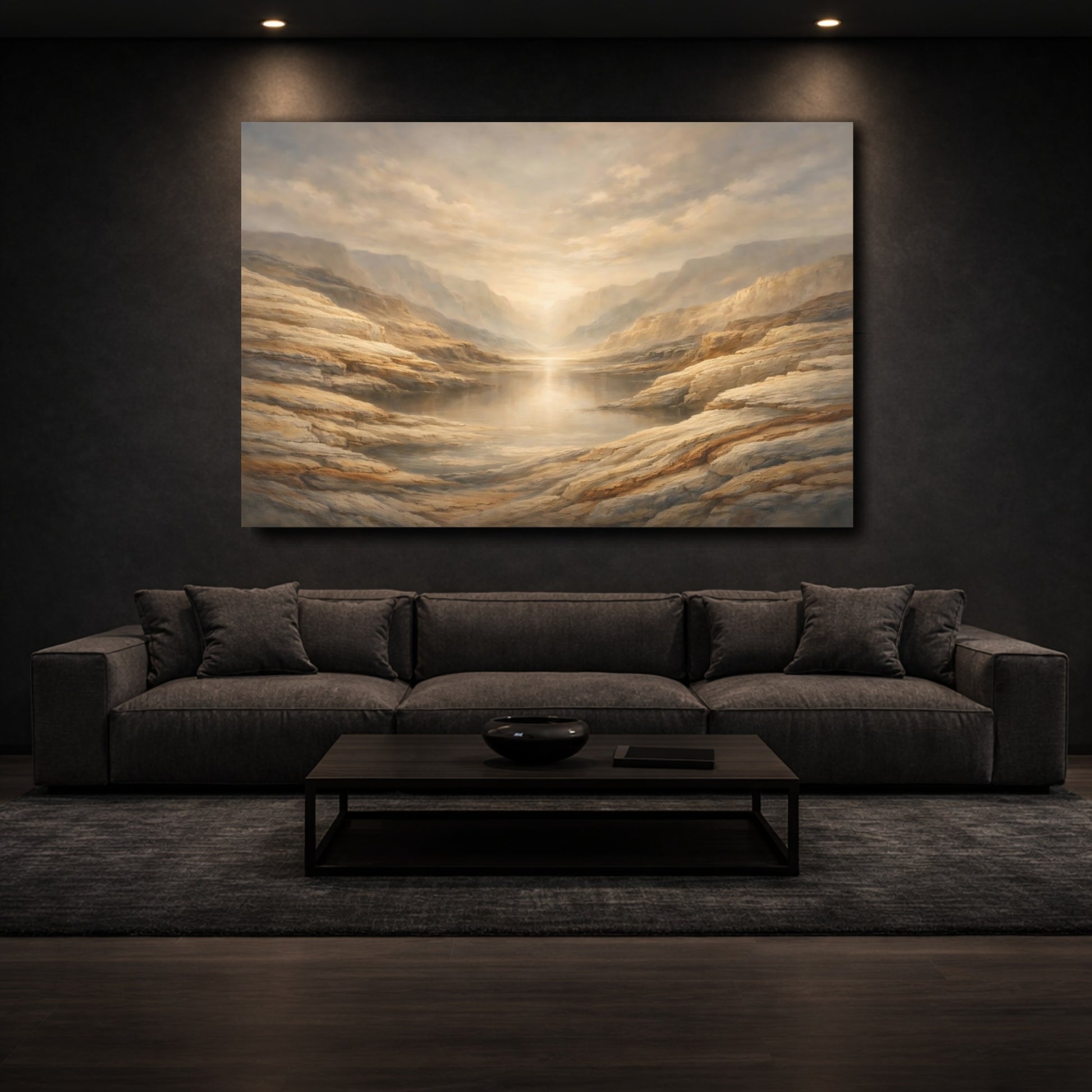 Mockup 2. Nature Mountain Lake Golden Canyon shown as stretched canvas wall art