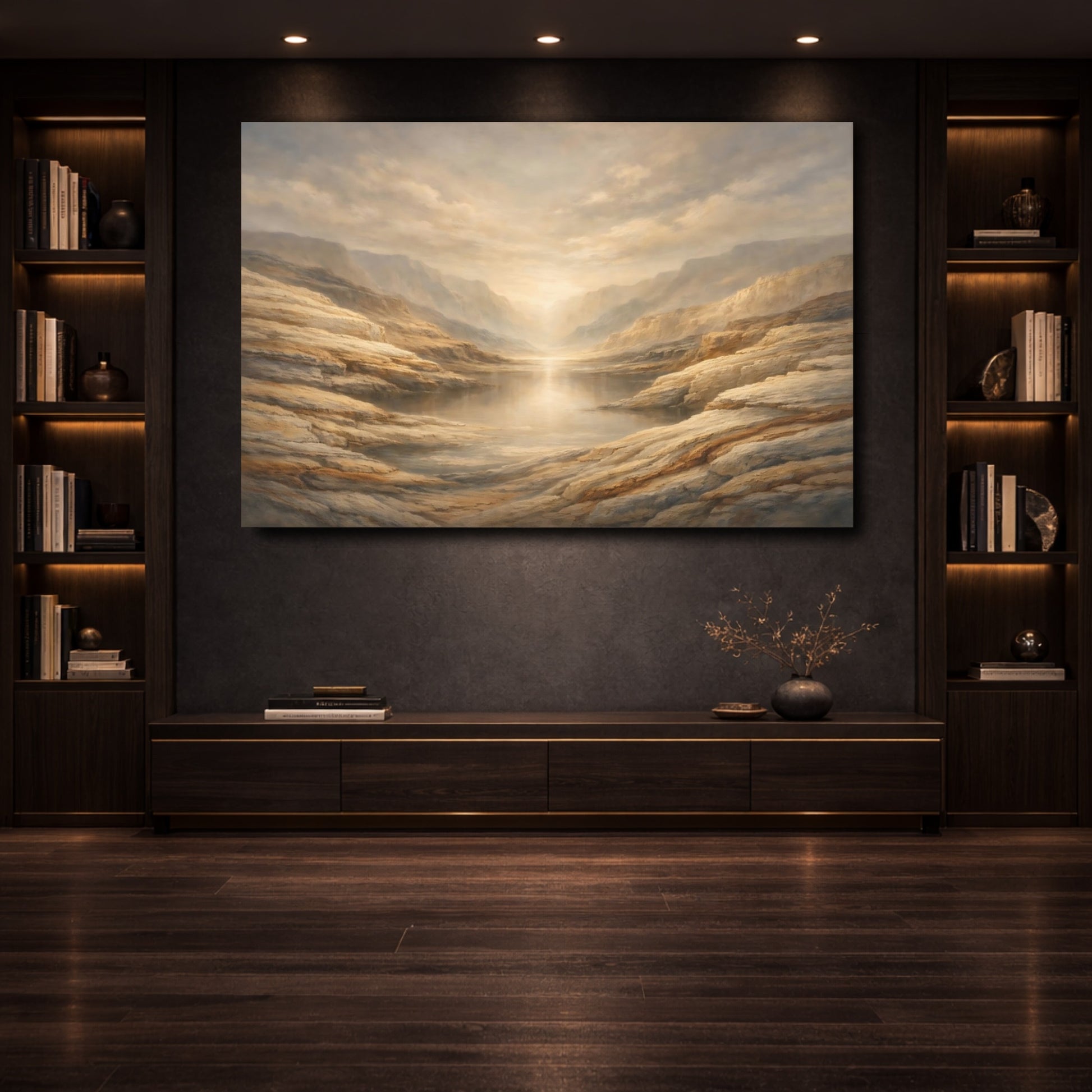 Mockup 3. Nature Mountain Lake Golden Canyon shown as stretched canvas wall art