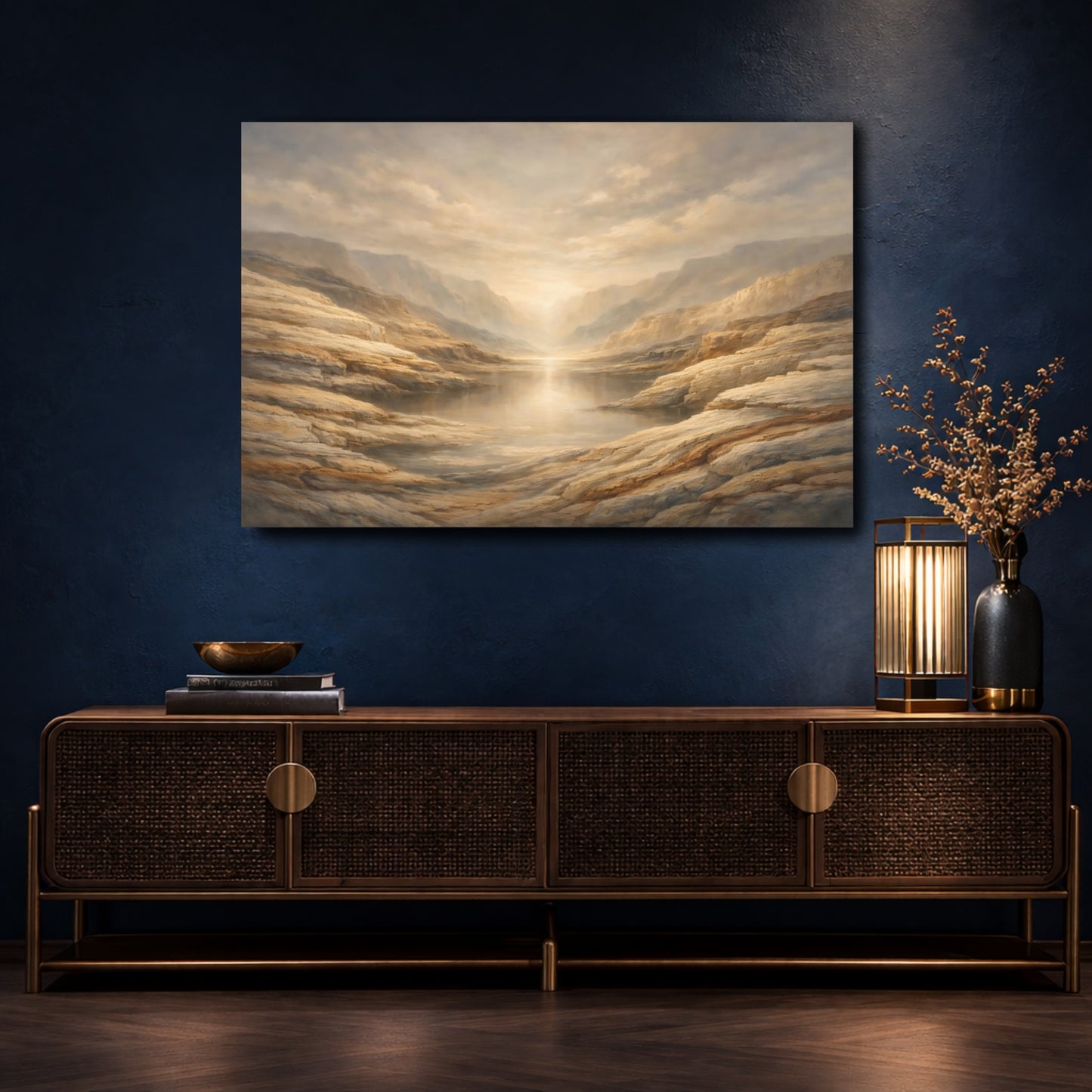 Mockup 4. Nature Mountain Lake Golden Canyon shown as stretched canvas wall art