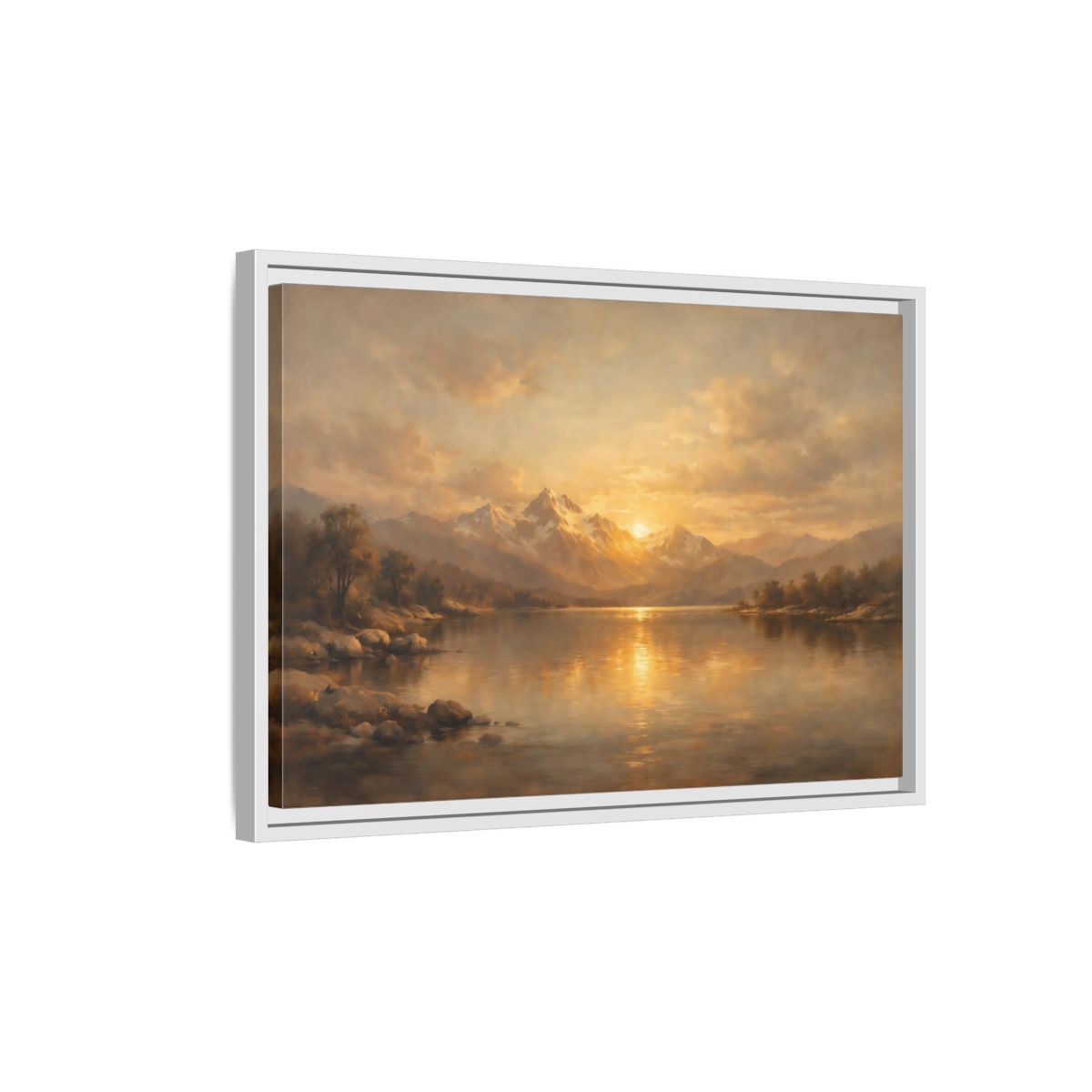 Side Mockup 1. Nature Mountain Lake Golden Mountain Lake shown as stretched canvas wall art