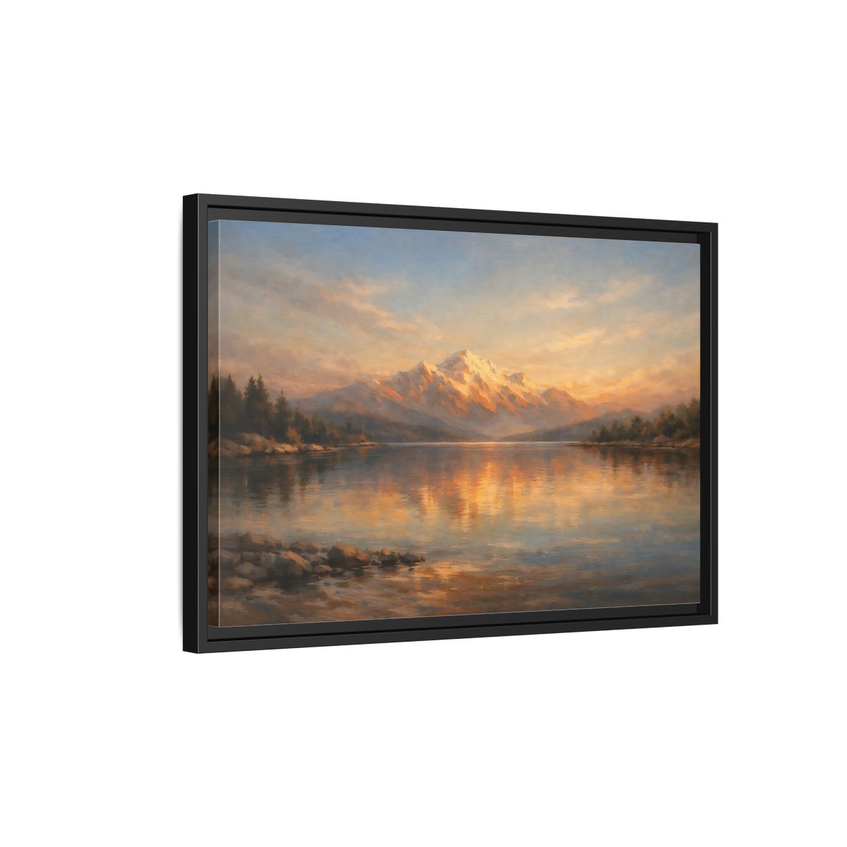 Side Mockup 3. Nature Mountain Lake Golden Mountain Lake shown as stretched canvas wall art