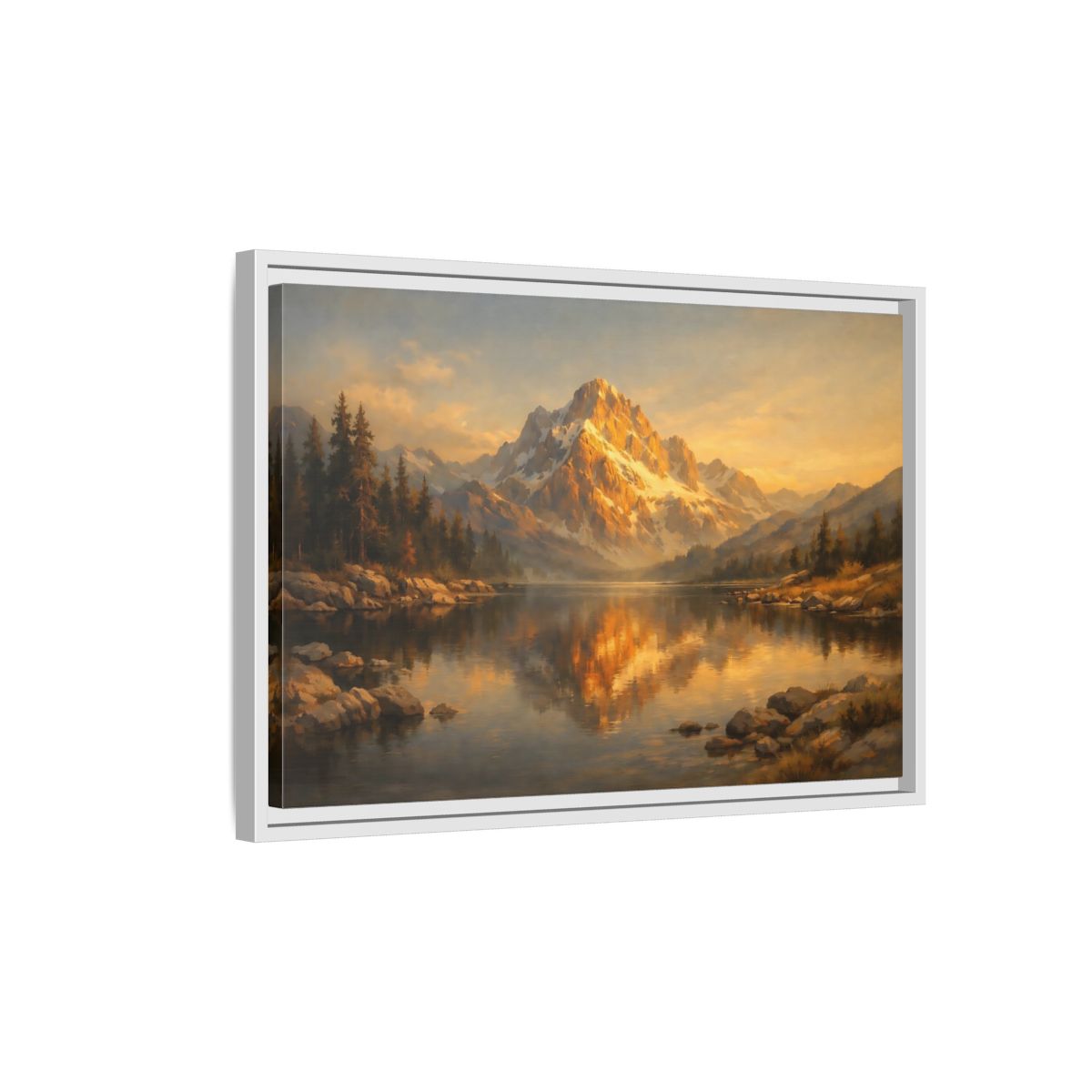 Side Mockup 1. Nature Mountain Lake Golden Mountain Lake shown as stretched canvas wall art