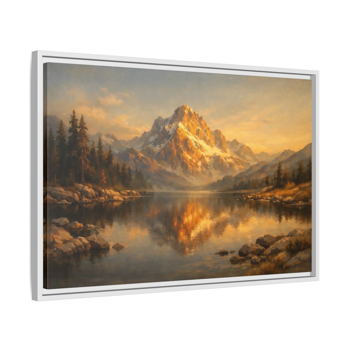 Side Mockup 10. Nature Mountain Lake Golden Mountain Lake shown as stretched canvas wall art
