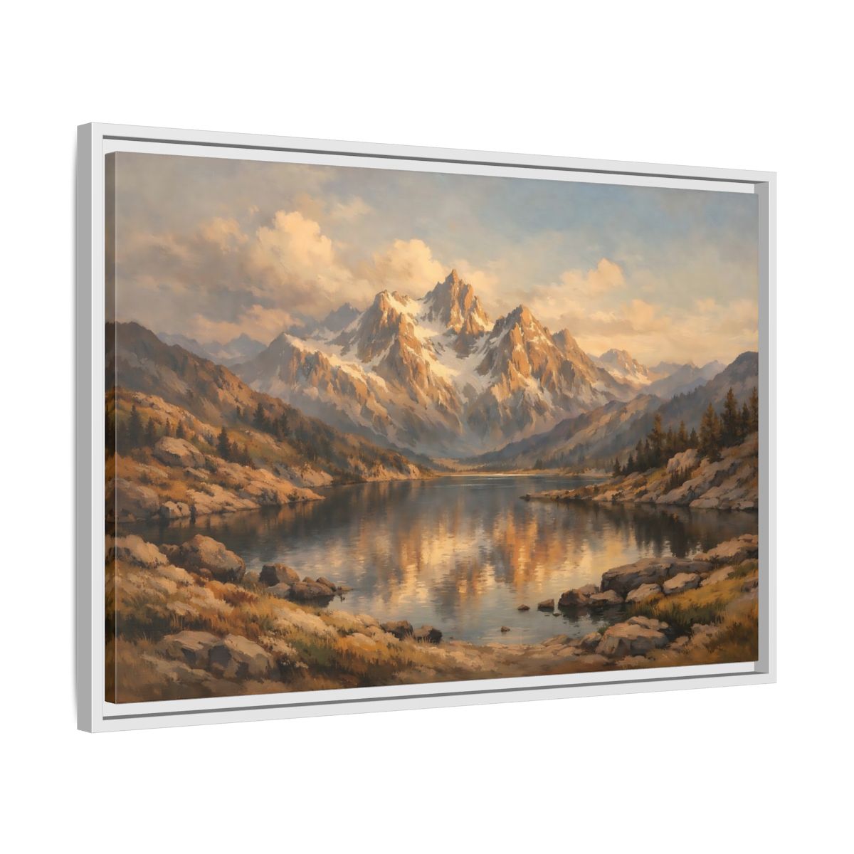 Side Mockup 10. Nature Mountain Lake Golden Mountain Lake shown as stretched canvas wall art