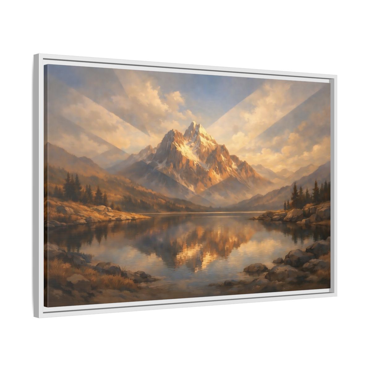 Side Mockup 8. Nature Mountain Lake Golden Mountain Lake shown as stretched canvas wall art