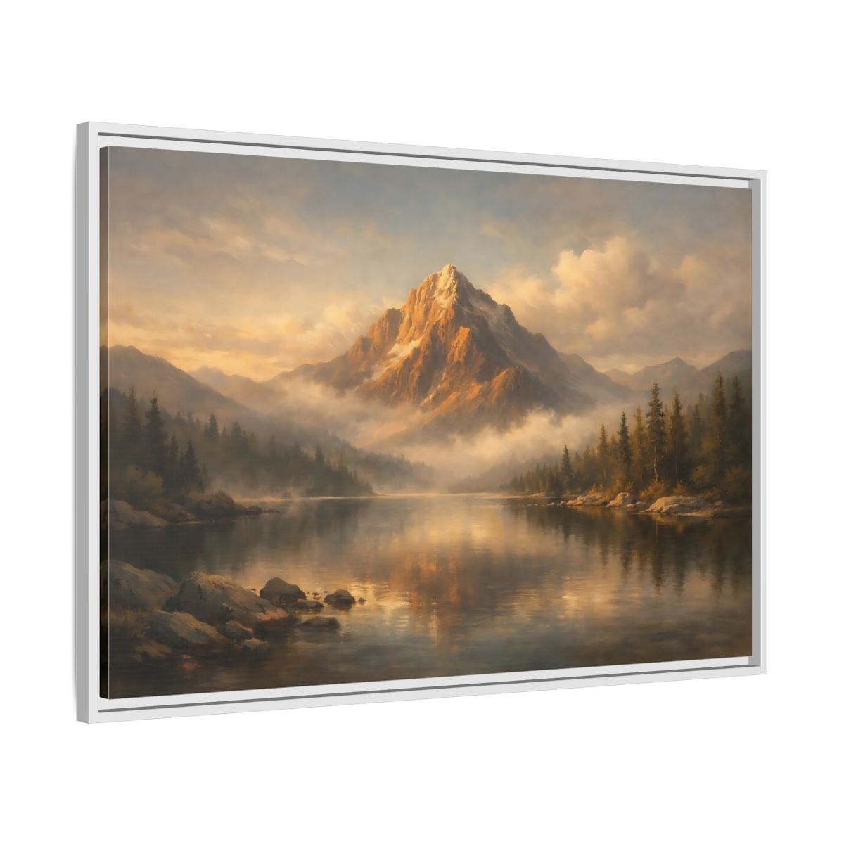 Side Mockup 8. Nature Mountain Lake Golden Mountain Lake shown as stretched canvas wall art