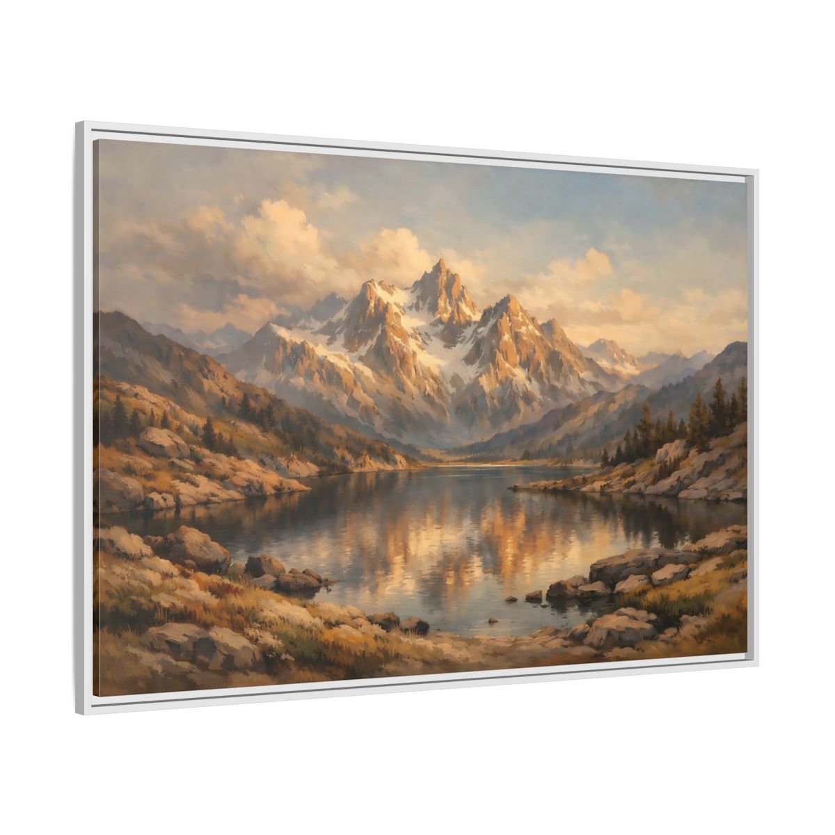 Side Mockup 7. Nature Mountain Lake Golden Mountain Lake shown as stretched canvas wall art