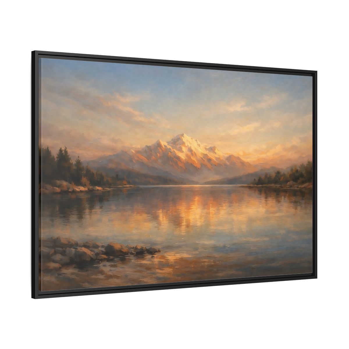 Side Mockup 12. Nature Mountain Lake Golden Mountain Lake shown as stretched canvas wall art