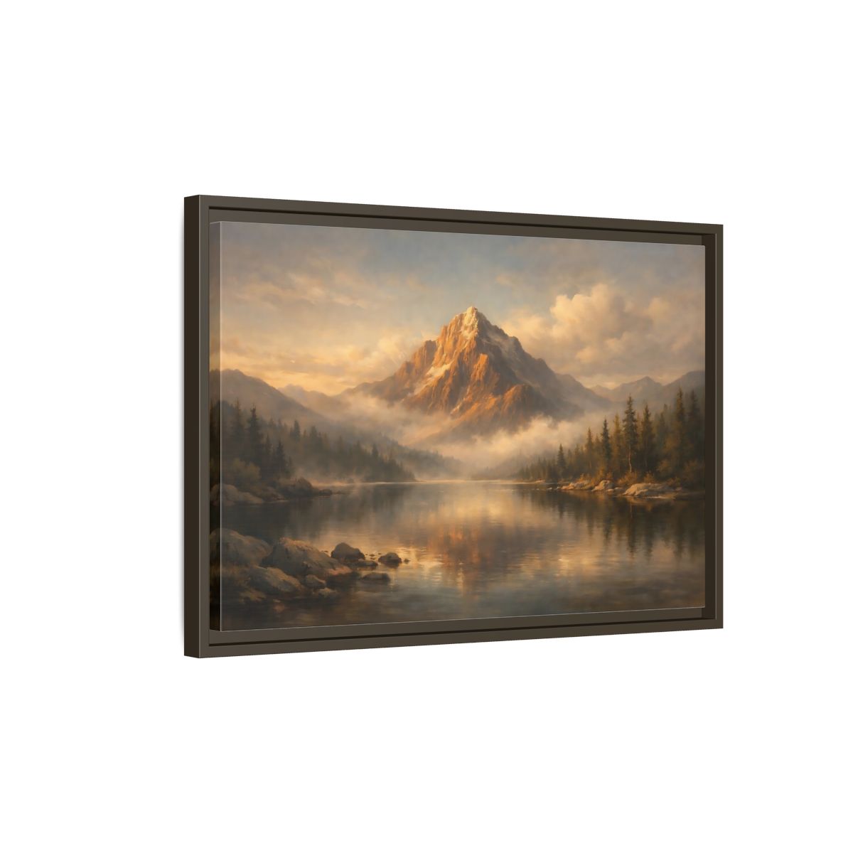 Side Mockup 2. Nature Mountain Lake Golden Mountain Lake shown as stretched canvas wall art