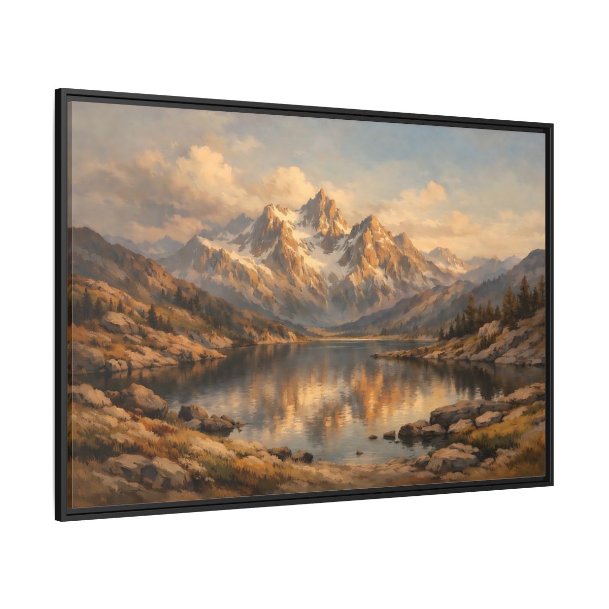 Side Mockup 12. Nature Mountain Lake Golden Mountain Lake shown as stretched canvas wall art