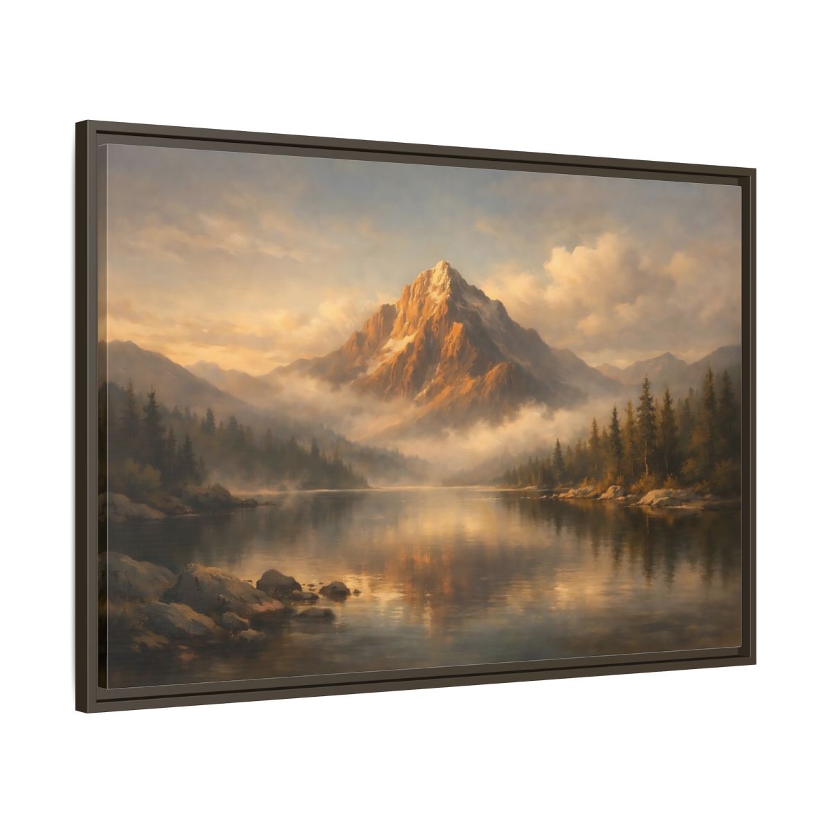 Side Mockup 9. Nature Mountain Lake Golden Mountain Lake shown as stretched canvas wall art