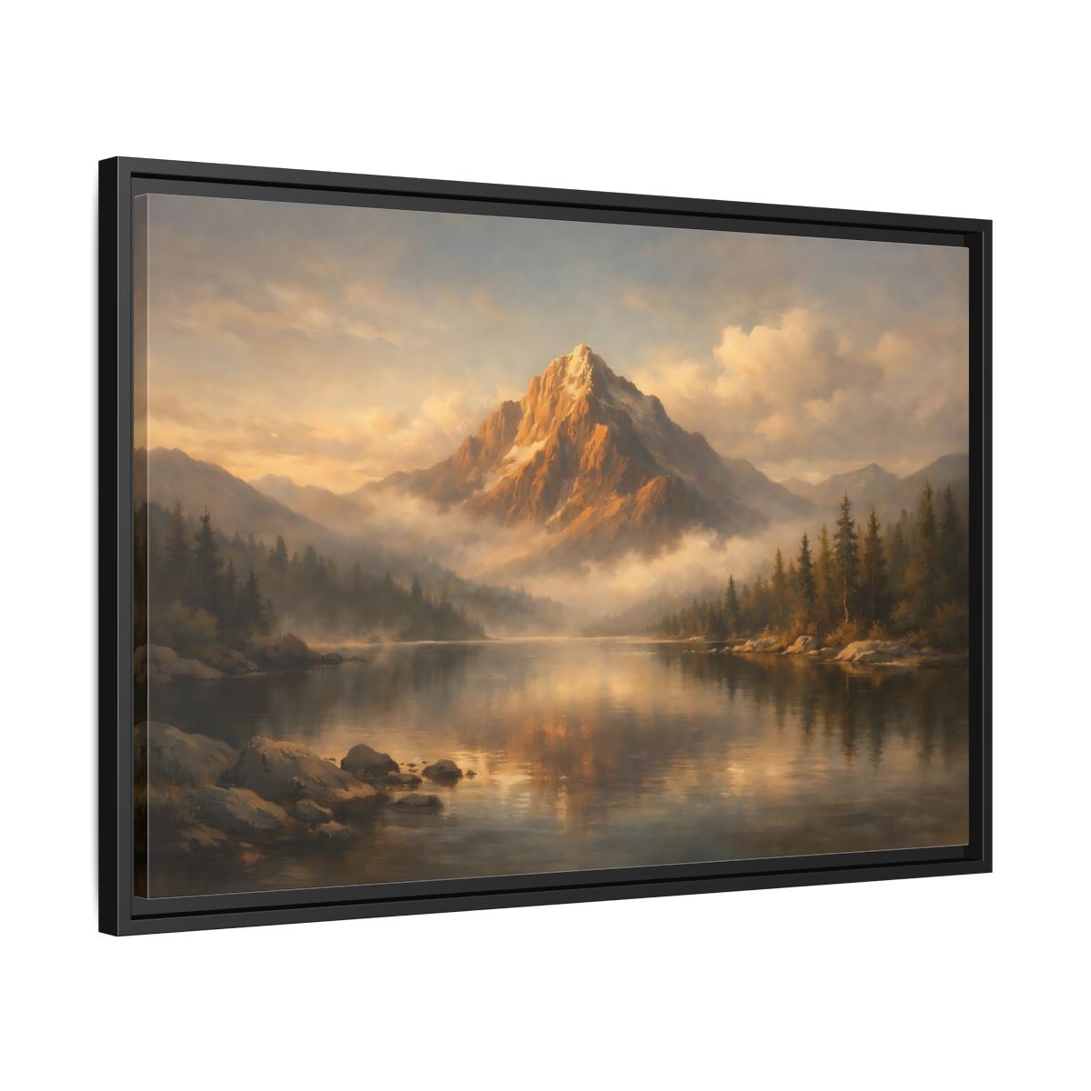 Side Mockup 14. Nature Mountain Lake Golden Mountain Lake shown as stretched canvas wall art
