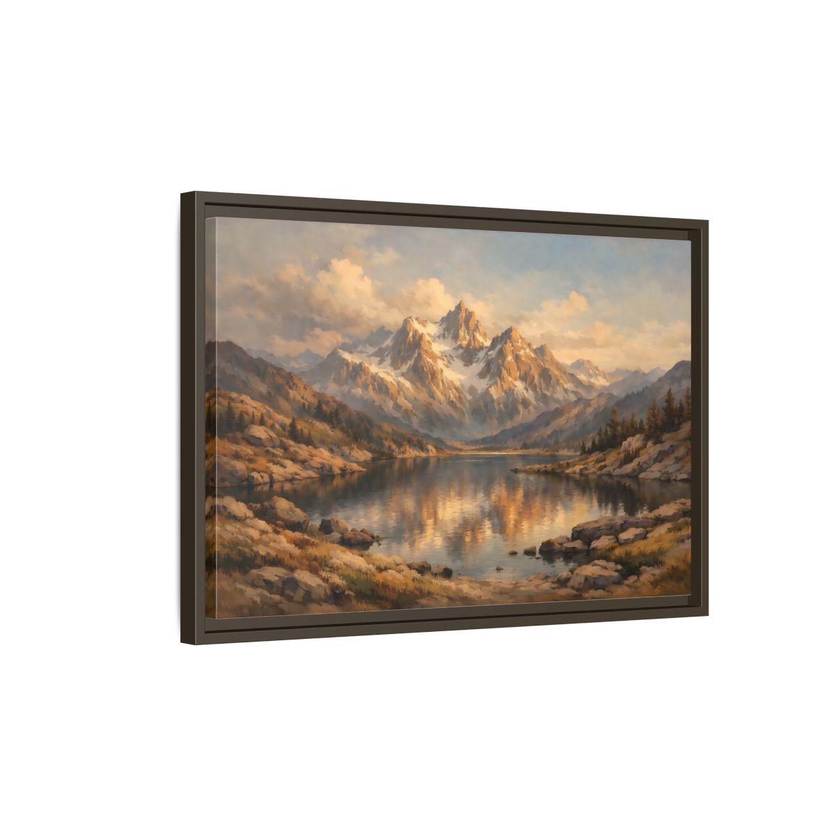 Side Mockup 2. Nature Mountain Lake Golden Mountain Lake shown as stretched canvas wall art