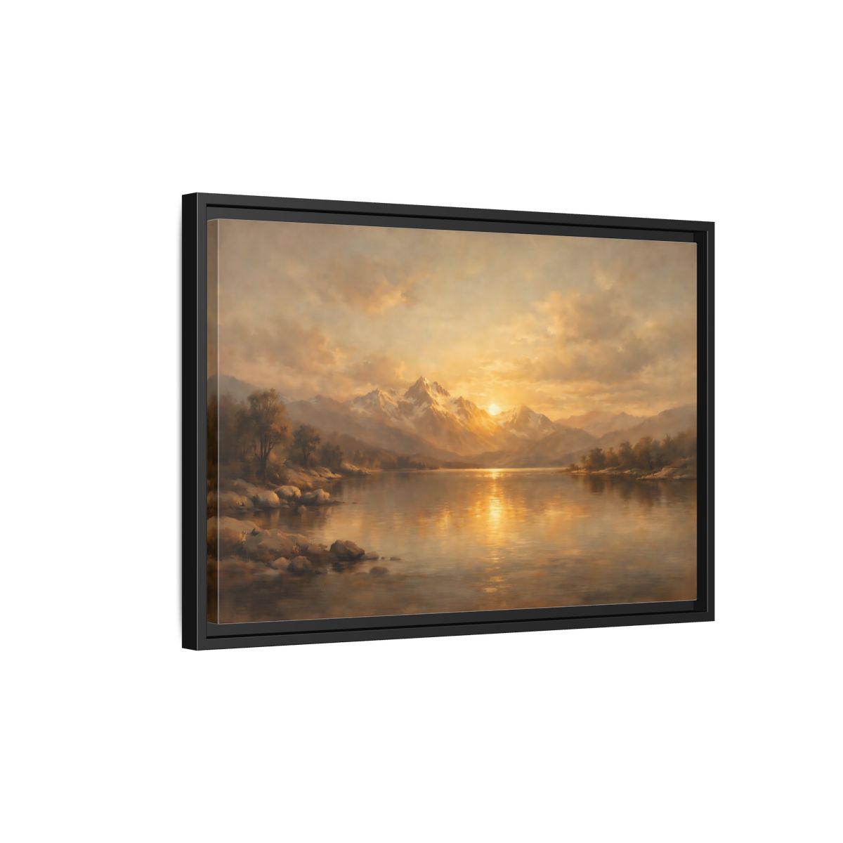 Side Mockup 3. Nature Mountain Lake Golden Mountain Lake shown as stretched canvas wall art