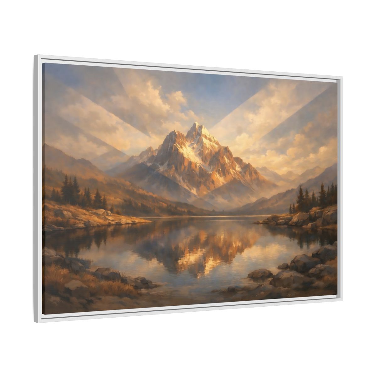Side Mockup 7. Nature Mountain Lake Golden Mountain Lake shown as stretched canvas wall art