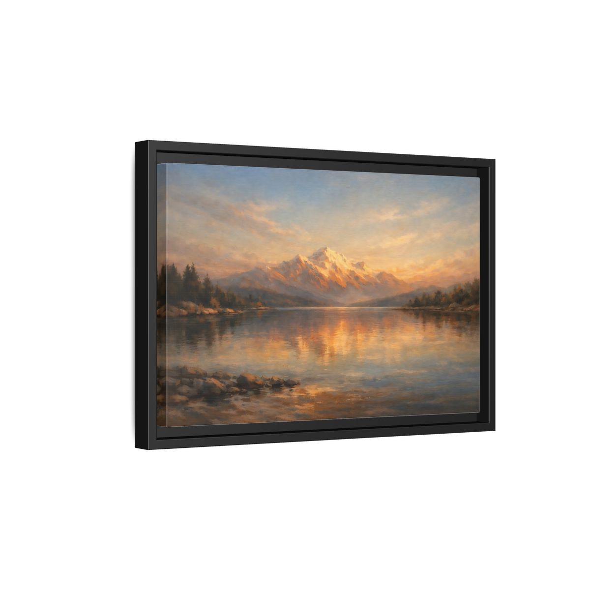 Side Mockup 6. Nature Mountain Lake Golden Mountain Lake shown as stretched canvas wall art