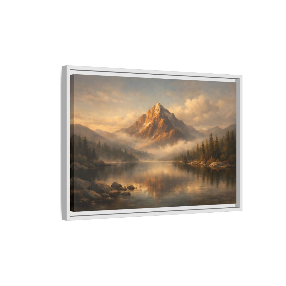 Side Mockup 1. Nature Mountain Lake Golden Mountain Lake shown as stretched canvas wall art