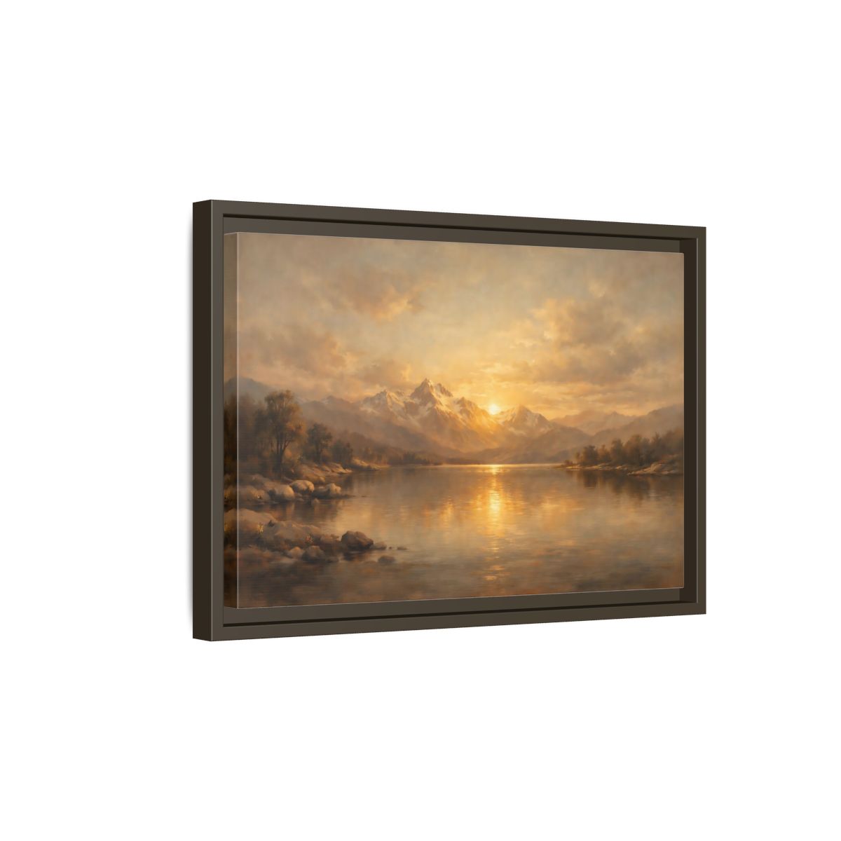 Side Mockup 5. Nature Mountain Lake Golden Mountain Lake shown as stretched canvas wall art