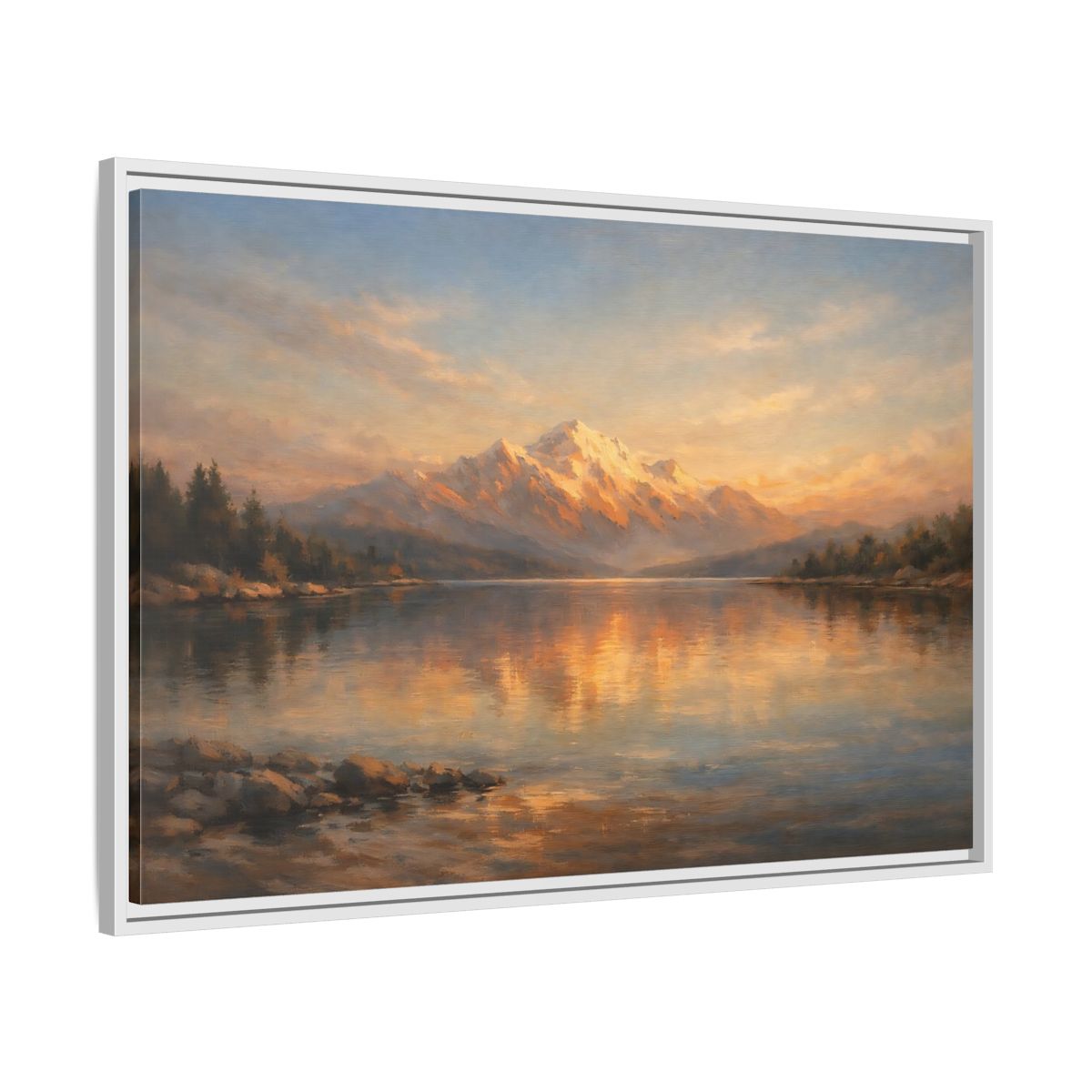 Side Mockup 8. Nature Mountain Lake Golden Mountain Lake shown as stretched canvas wall art