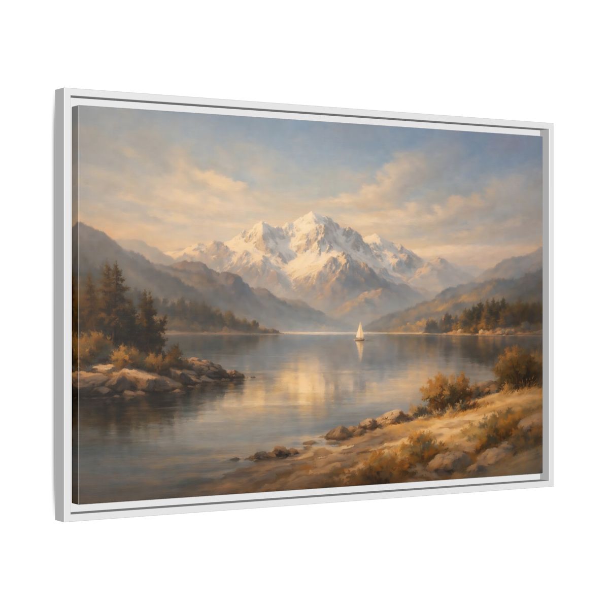 Side Mockup 8. Nature Mountain Lake Golden Lake Mountains shown as stretched canvas wall art