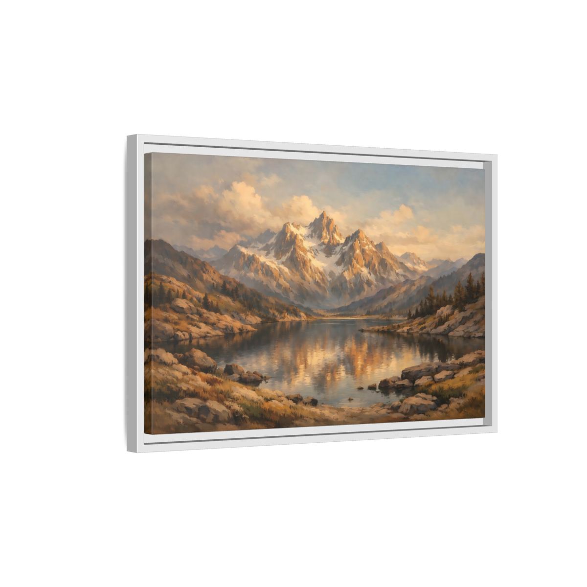 Side Mockup 1. Nature Mountain Lake Golden Mountain Lake shown as stretched canvas wall art