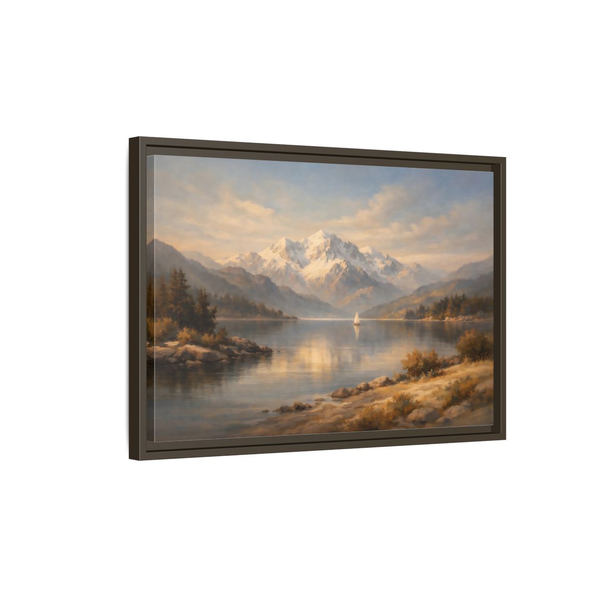 Side Mockup 2. Nature Mountain Lake Golden Lake Mountains shown as stretched canvas wall art