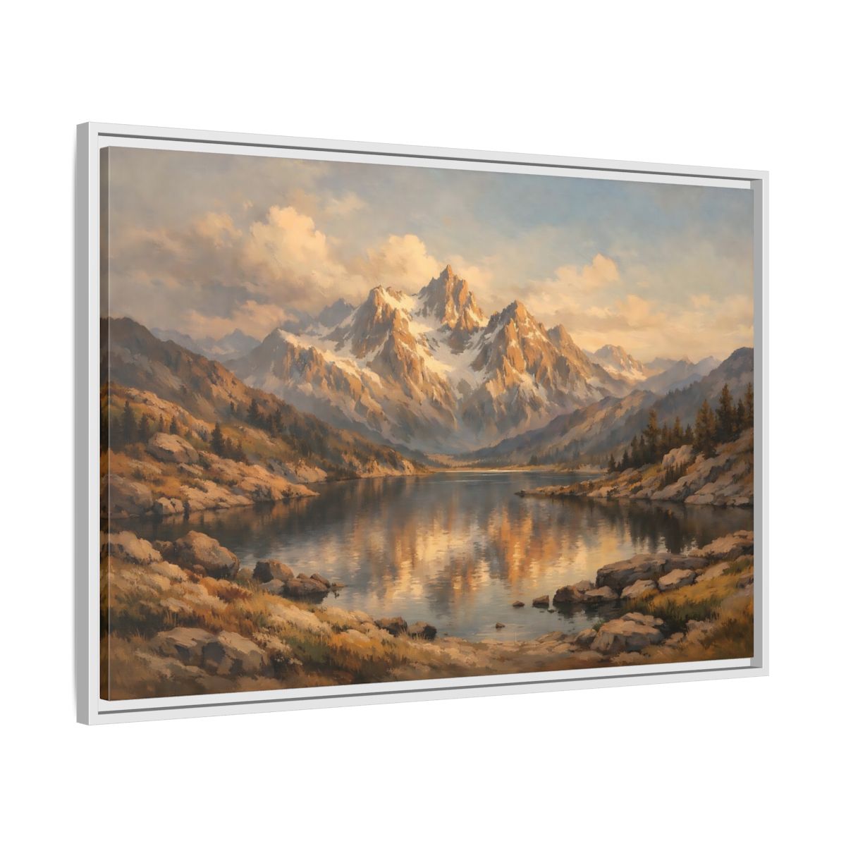 Side Mockup 8. Nature Mountain Lake Golden Mountain Lake shown as stretched canvas wall art