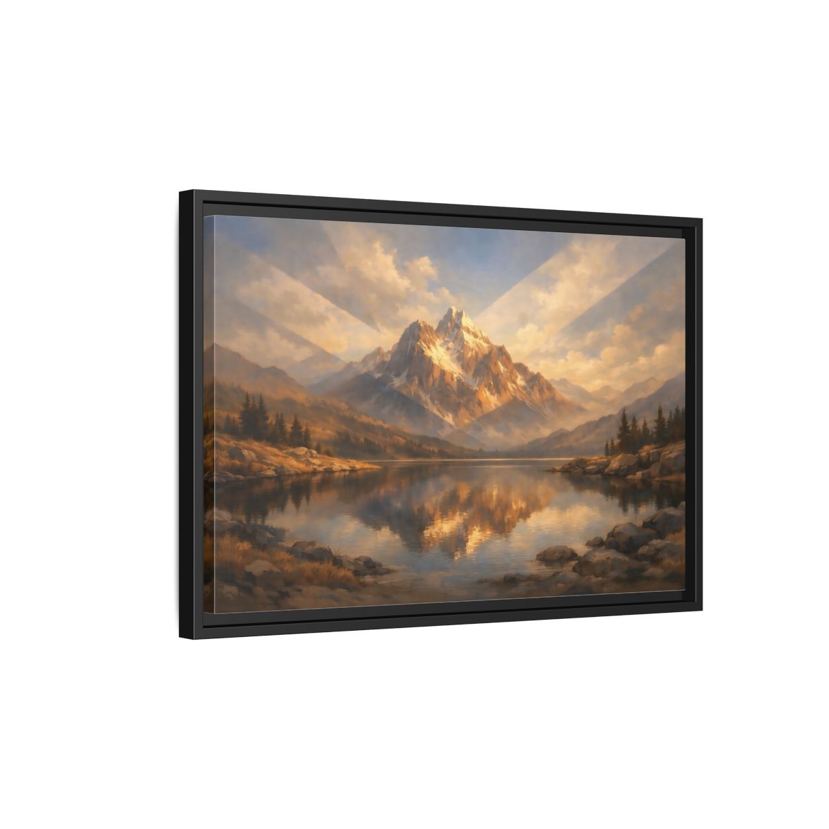 Side Mockup 3. Nature Mountain Lake Golden Mountain Lake shown as stretched canvas wall art