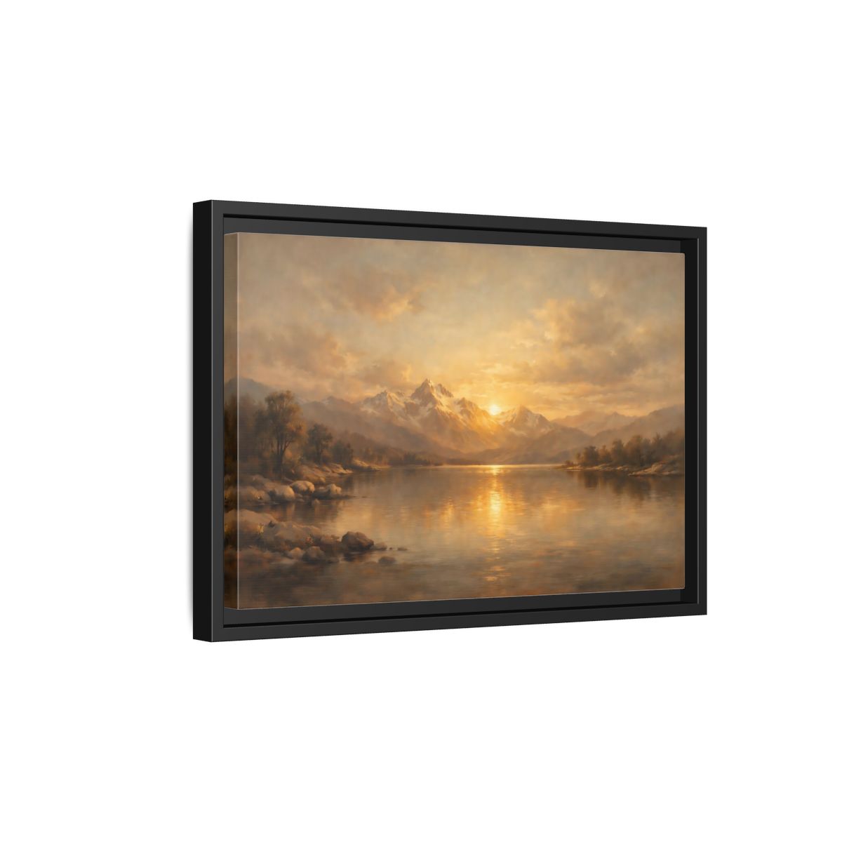 Side Mockup 6. Nature Mountain Lake Golden Mountain Lake shown as stretched canvas wall art