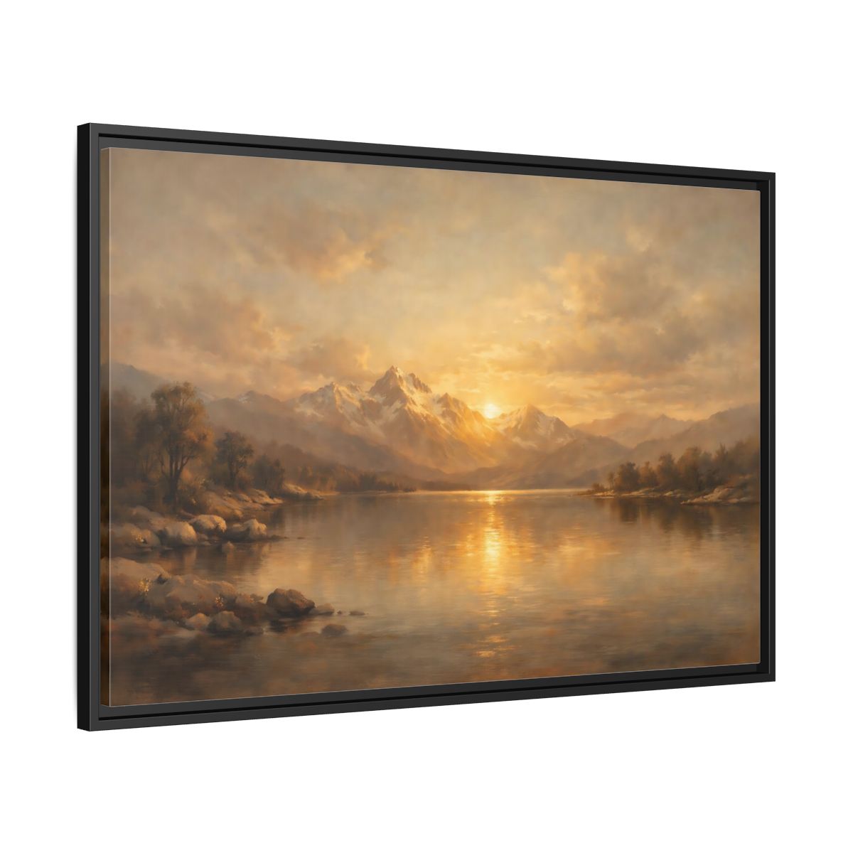 Side Mockup 13. Nature Mountain Lake Golden Mountain Lake shown as stretched canvas wall art