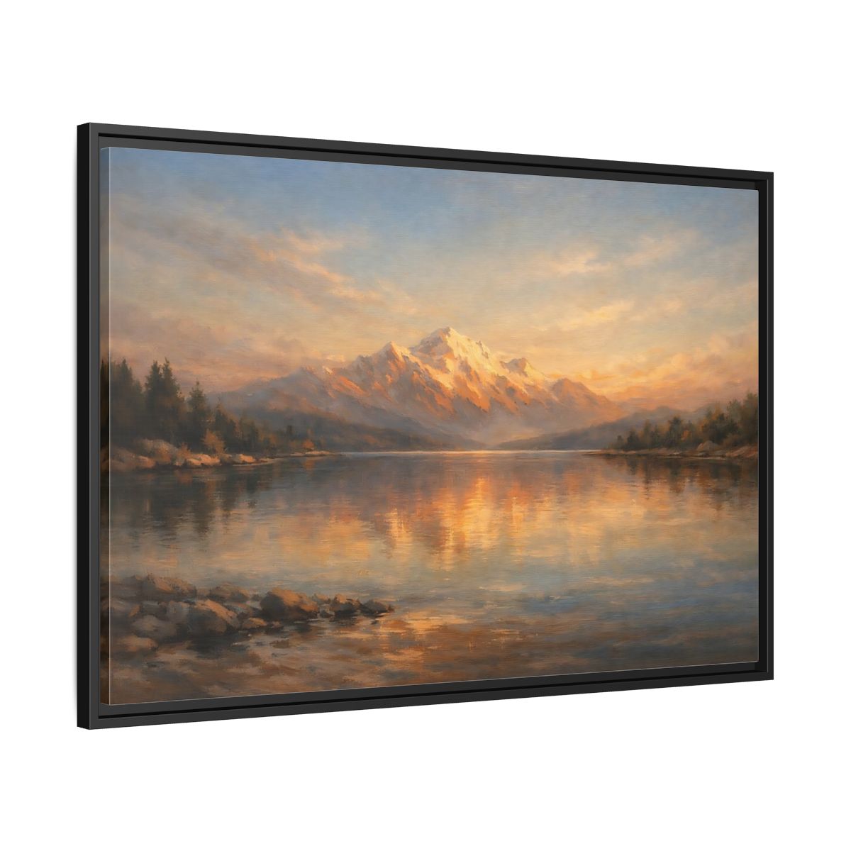 Side Mockup 13. Nature Mountain Lake Golden Mountain Lake shown as stretched canvas wall art