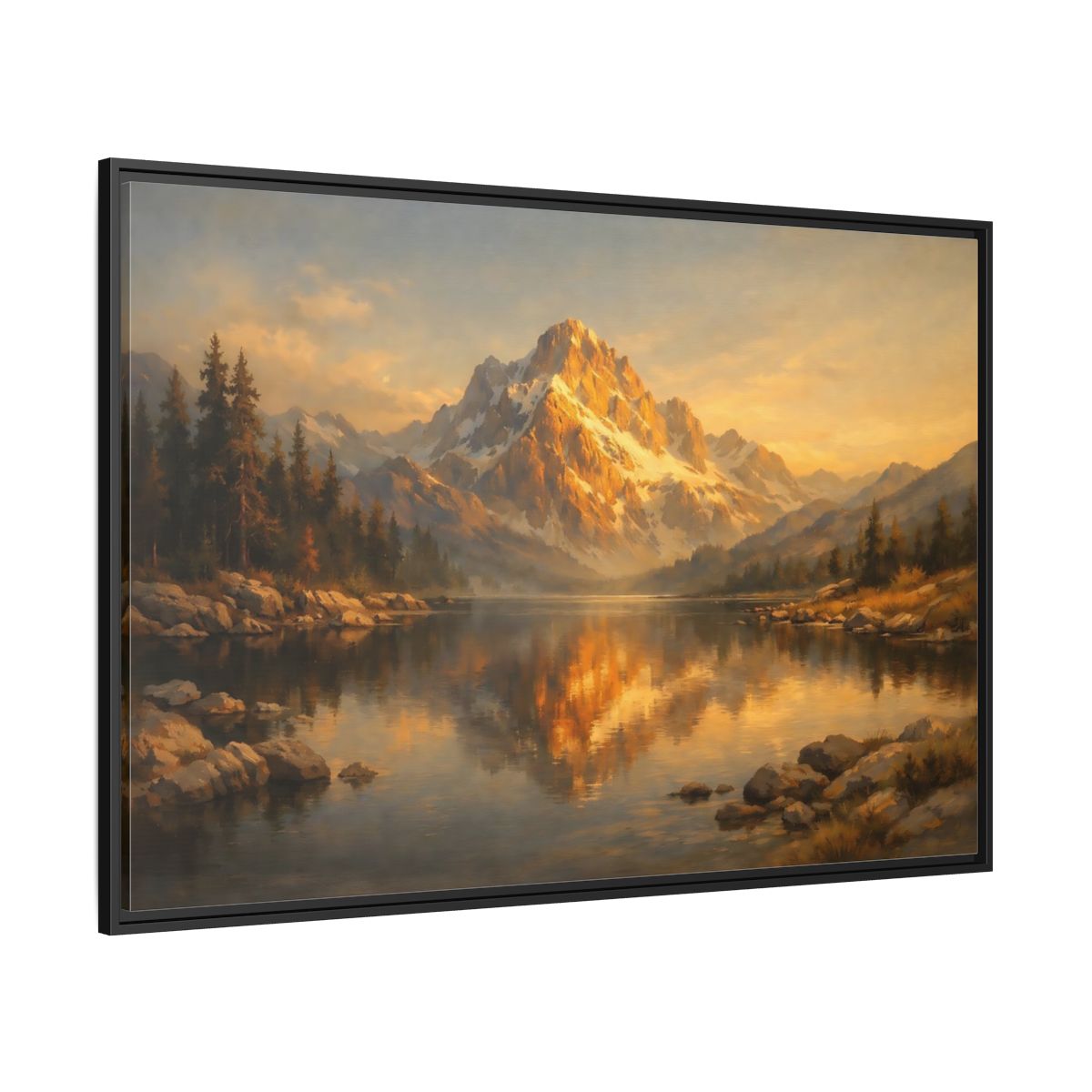 Side Mockup 12. Nature Mountain Lake Golden Mountain Lake shown as stretched canvas wall art
