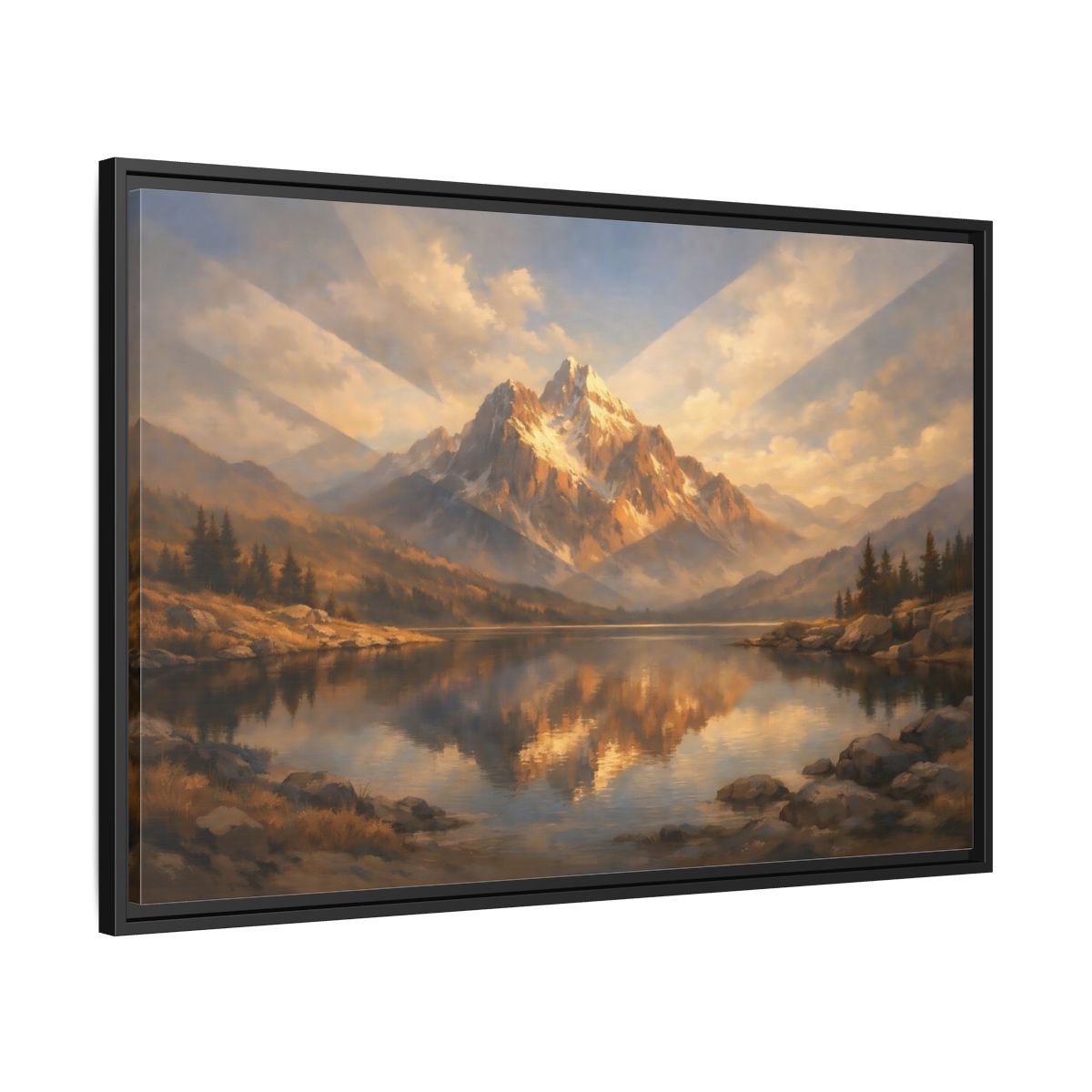 Side Mockup 13. Nature Mountain Lake Golden Mountain Lake shown as stretched canvas wall art