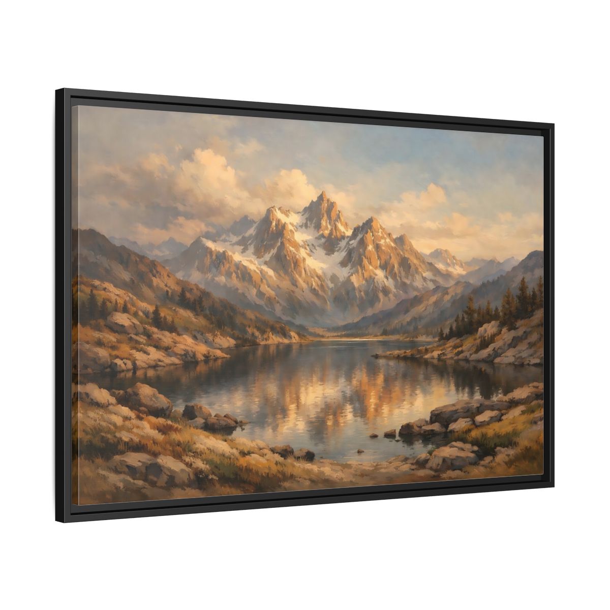 Side Mockup 13. Nature Mountain Lake Golden Mountain Lake shown as stretched canvas wall art