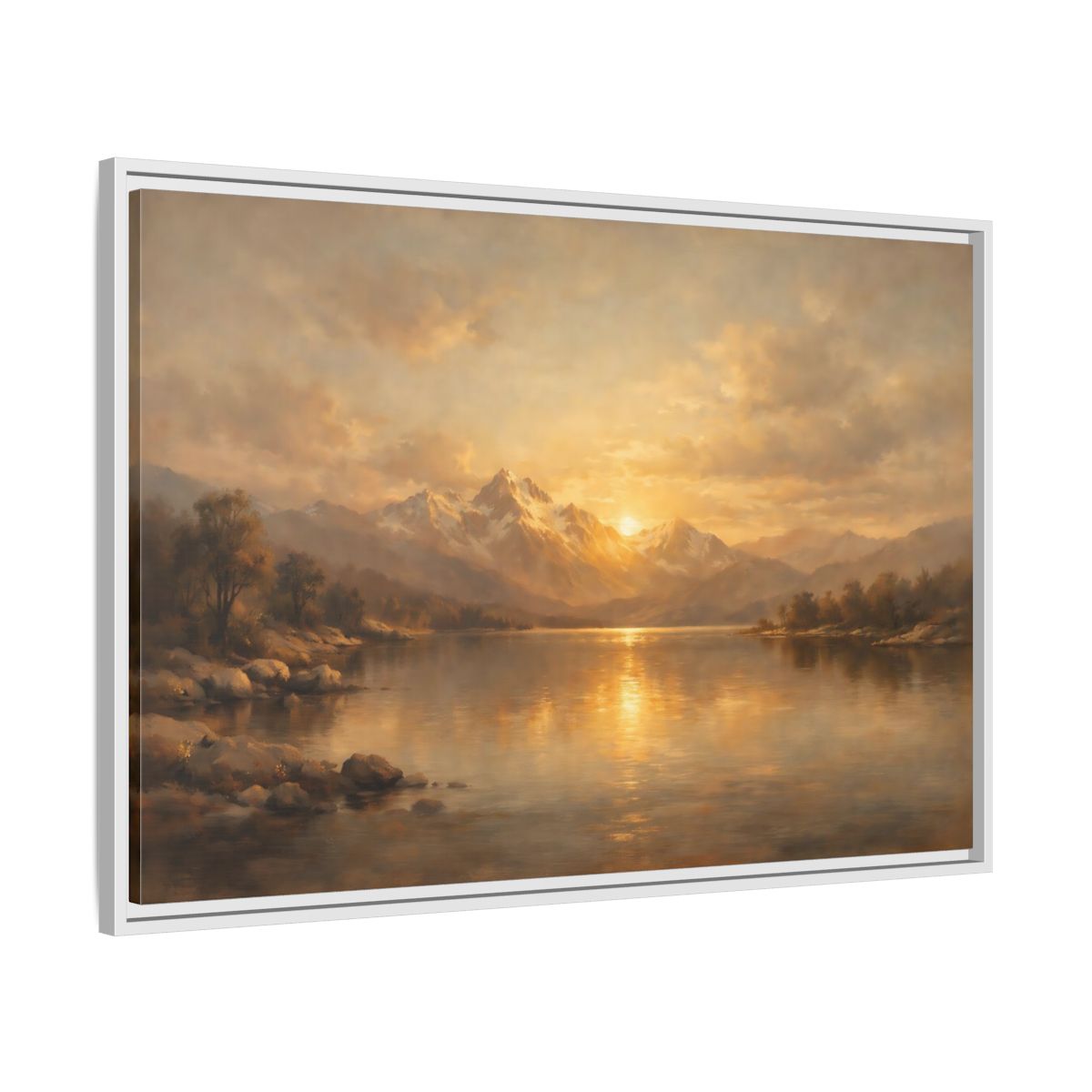 Side Mockup 8. Nature Mountain Lake Golden Mountain Lake shown as stretched canvas wall art