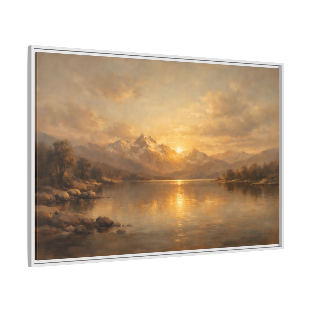 Side Mockup 7. Nature Mountain Lake Golden Mountain Lake shown as stretched canvas wall art