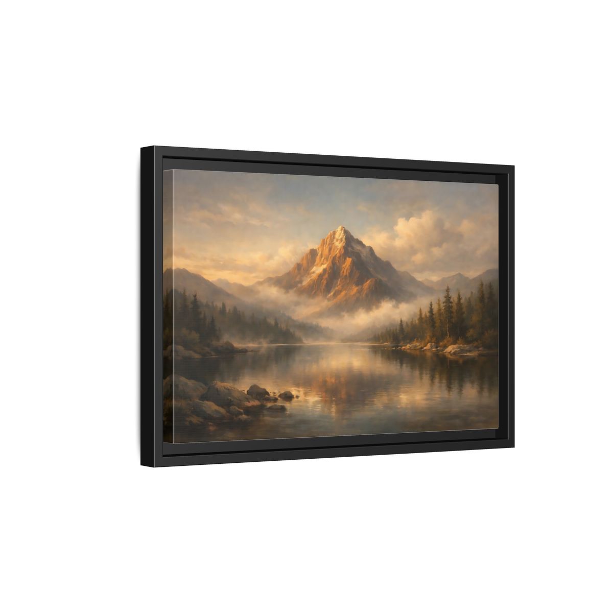 Side Mockup 6. Nature Mountain Lake Golden Mountain Lake shown as stretched canvas wall art